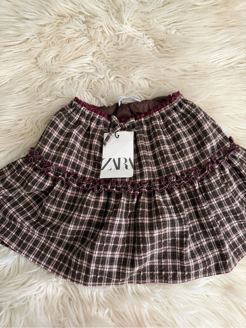 ZARA Plaid Tiered Mini Skirt in Brown and Burgundy